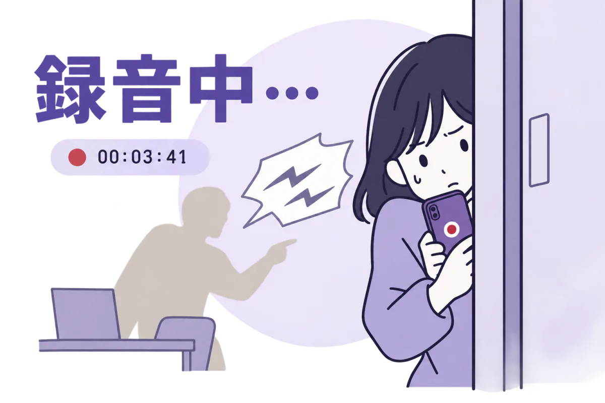 録音中のスマートフォンを持つ人。奥に、指を差す人物のシルエット。