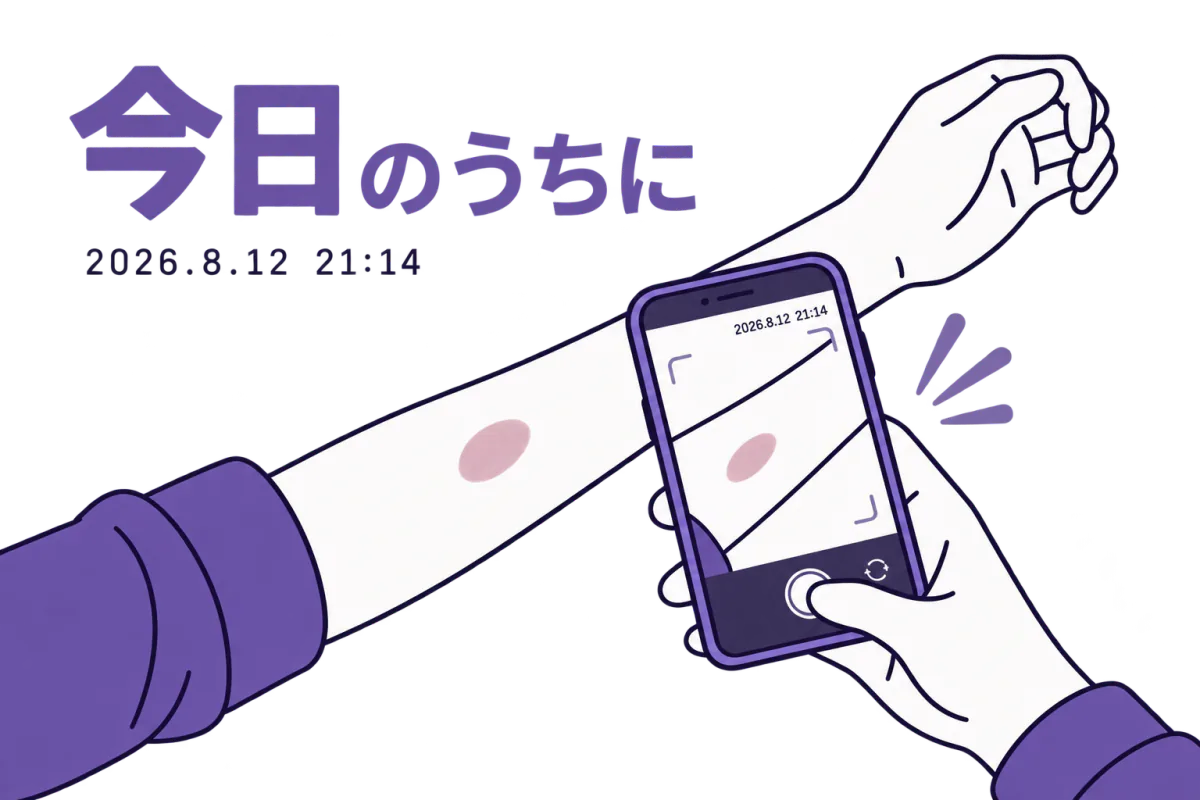腕のあざを、日時が表示されたアプリのカメラで撮っているイラスト。