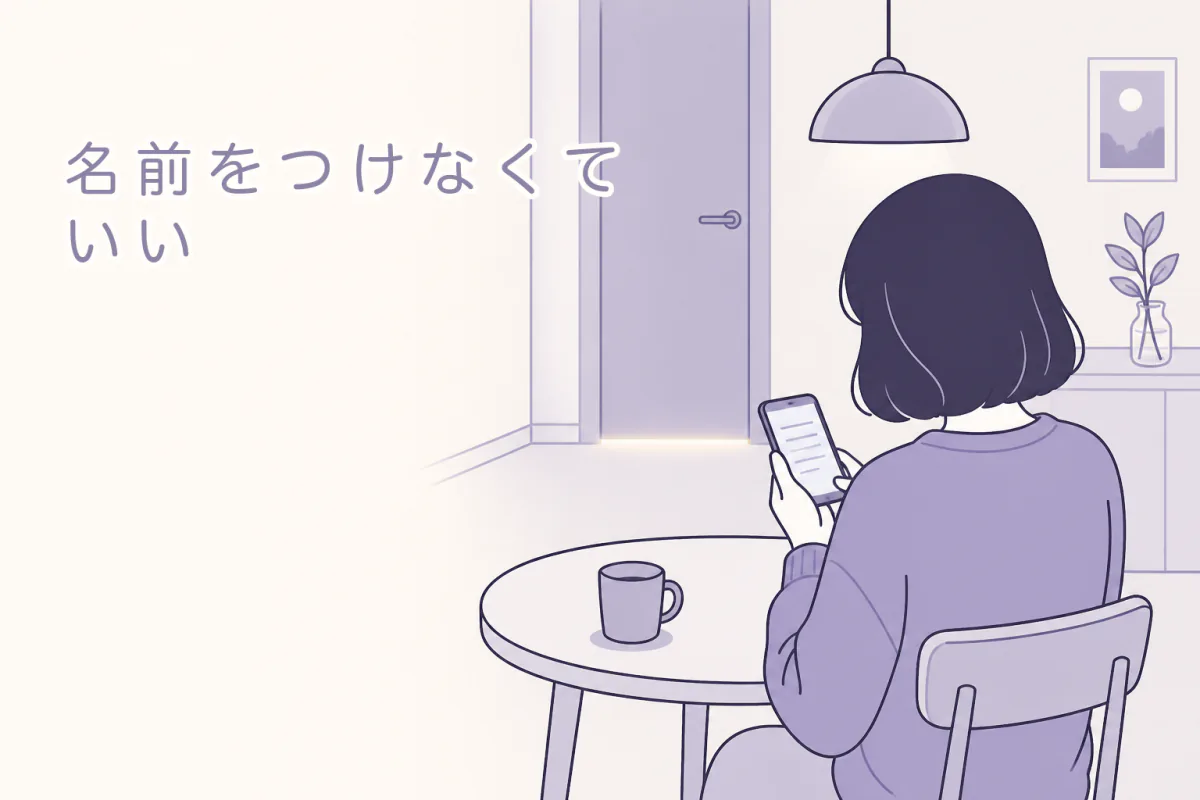 夜の部屋で、後ろ姿の人がテーブルに向かってスマートフォンに書いているイラスト。
