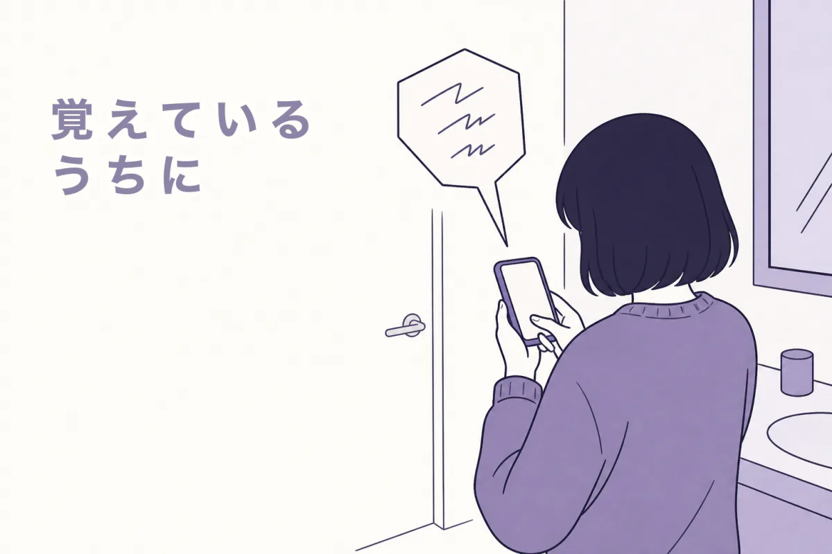 洗面所で、後ろ姿の人がスマートフォンに短くメモを打っているイラスト。