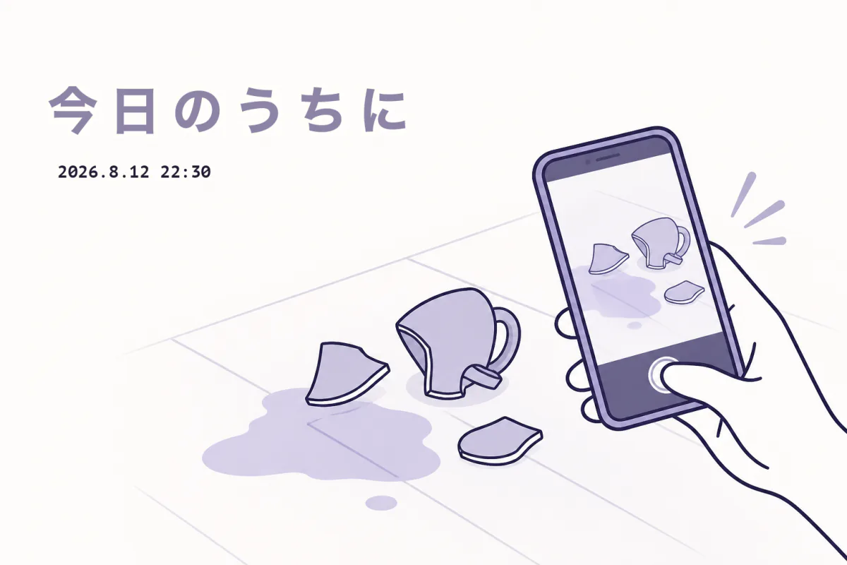 床に落ちて割れたマグカップを、手元のスマートフォンで撮っているイラスト。