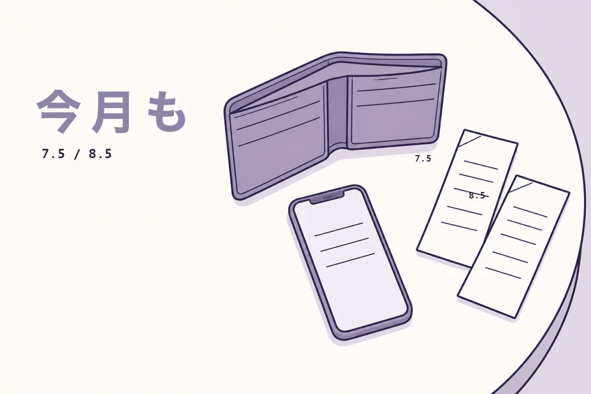テーブルの上の空の財布と、日付だけが入った二枚のレシートのイラスト。
