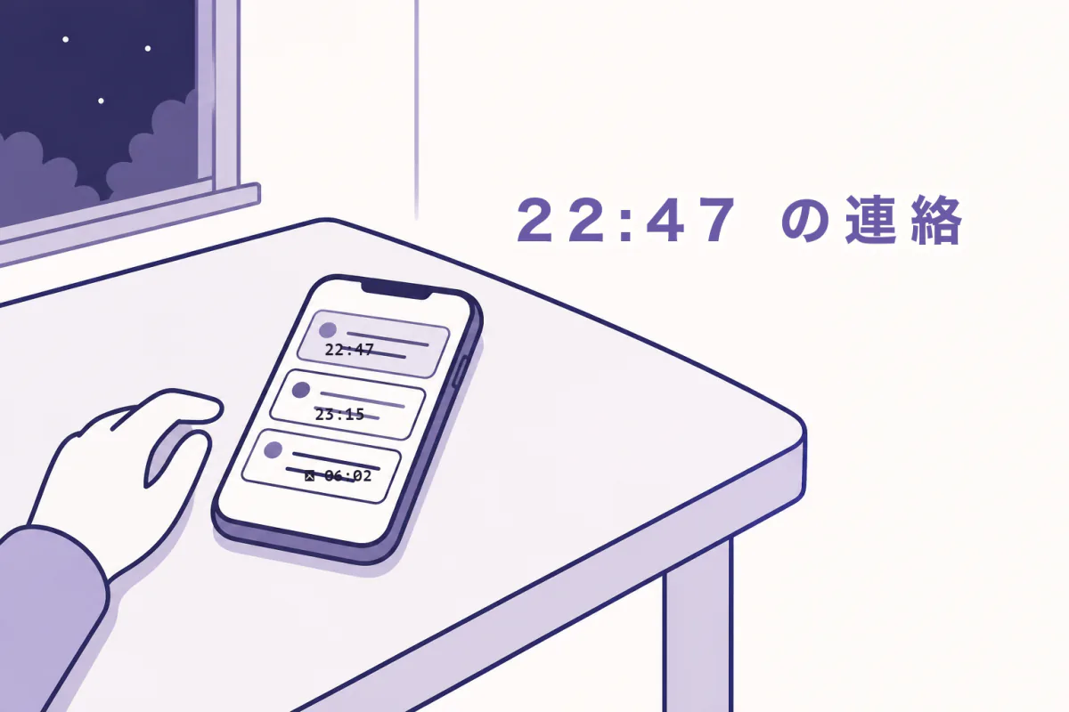 夜のテーブルに置かれたスマートフォンに、深夜と早朝の通知が並んでいるイラスト。